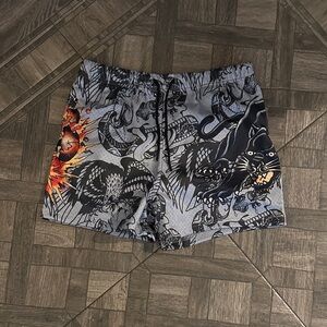 Ed Hardy Gray Athletic Shorts with Black Panther and Orange Accent